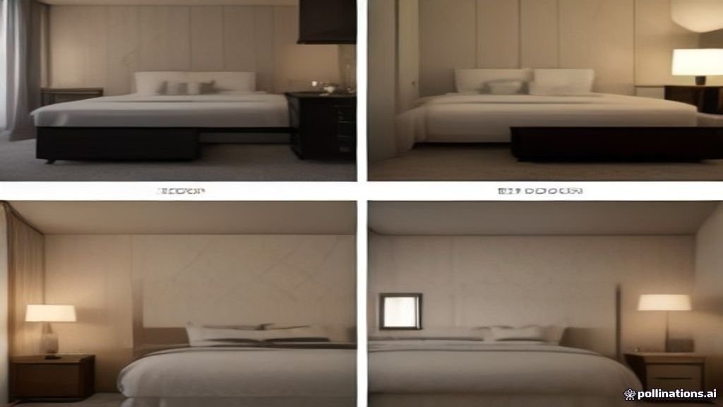 Desain interior kamar hotel mewah dengan pencahayaan hangat dan tempat tidur nyaman.