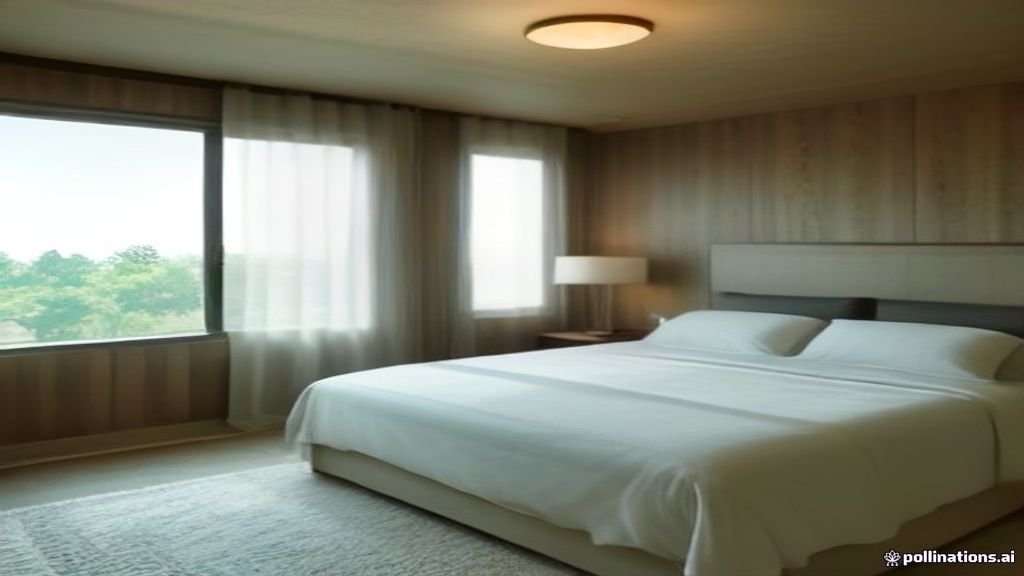 Desain interior kamar tidur mewah dengan pencahayaan hangat dan tempat tidur elegan.