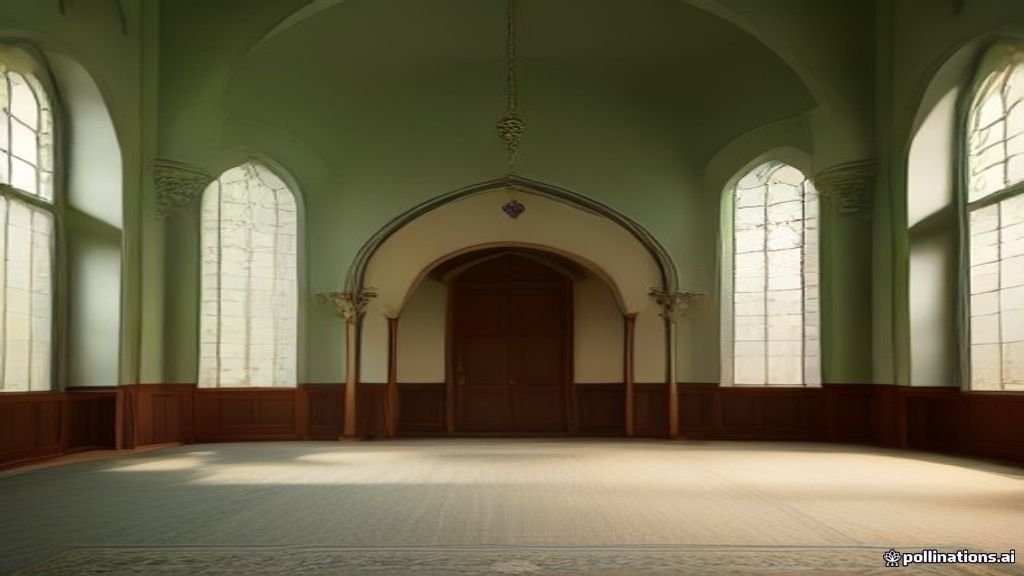 Desain interior masjid modern dengan karpet hijau dan kaligrafi emas yang elegan.