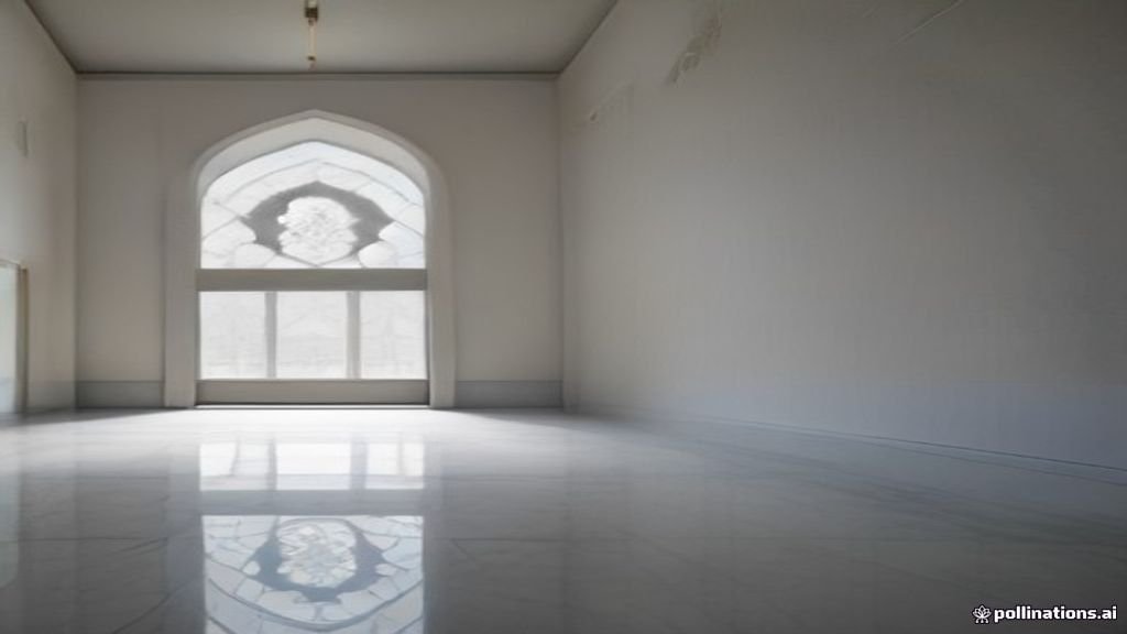 Desain interior masjid modern dengan karpet hijau dan kaligrafi emas yang elegan.