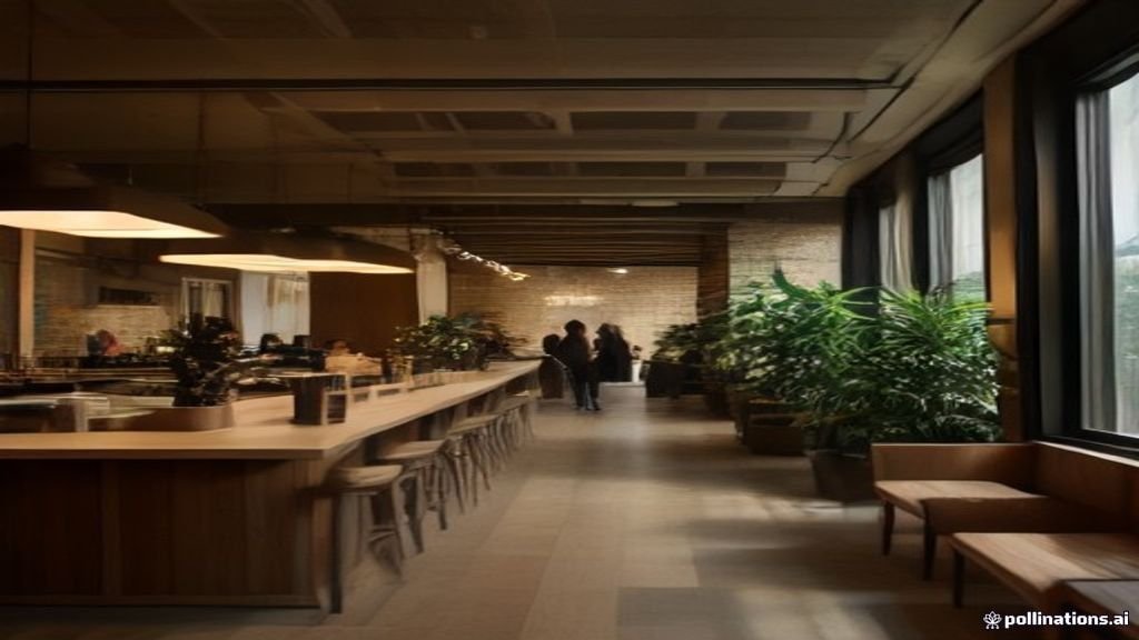 Desain cafe modern minimalis dengan pencahayaan hangat dan tanaman hias estetik.
