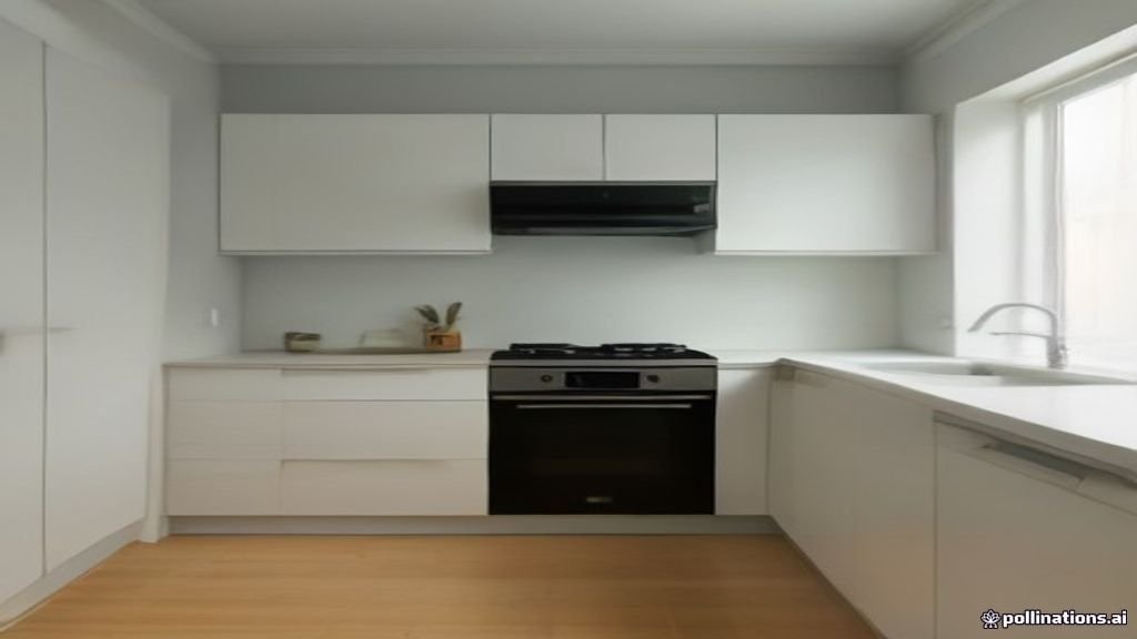 Desain interior dapur modern minimalis dengan kabinet kayu elegan dan pencahayaan hangat.