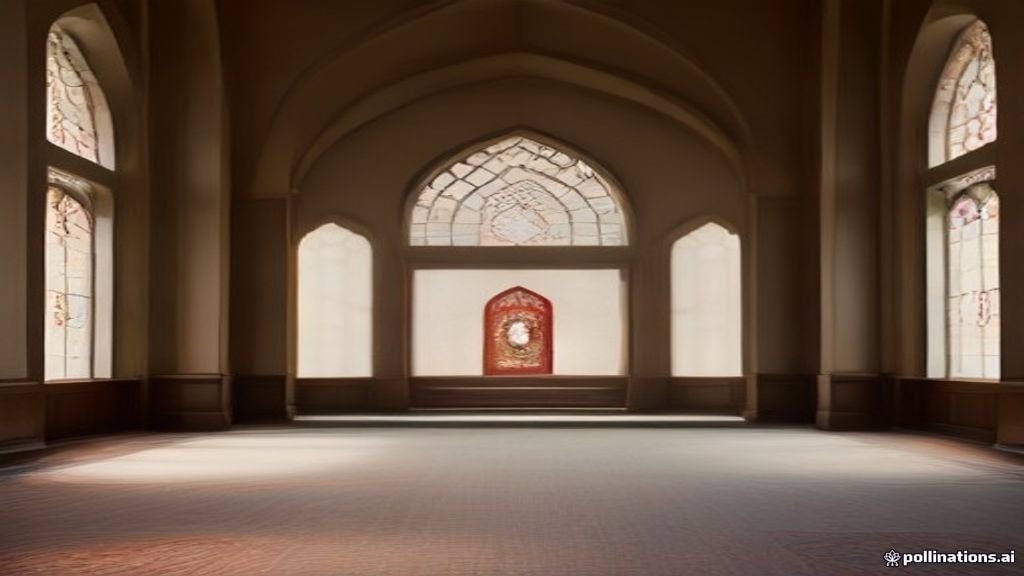 Desain interior masjid modern dengan karpet hijau empuk dan mihrab megah berukir kaligrafi arab yang indah.