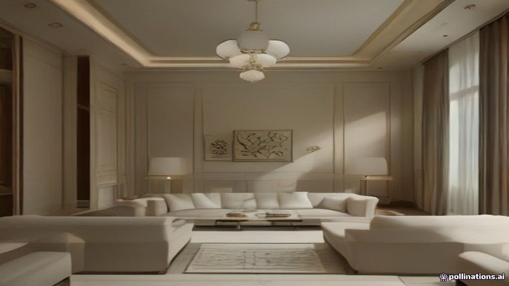 Desain interior ruang tamu mewah modern dengan lampu gantung elegan dan sofa beludru premium.